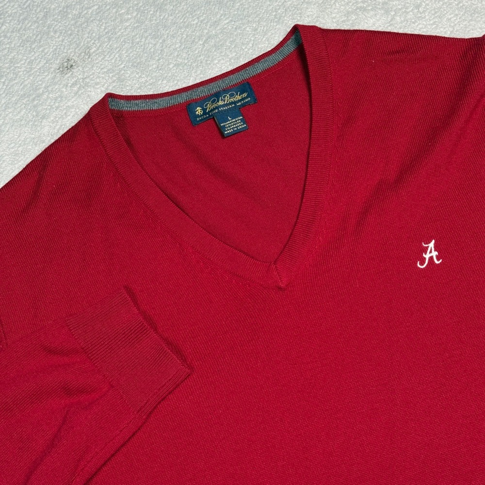 Brooks‎ Brothers V-Neck Sweater Mens L Red Alabama Merino Wool 63174026